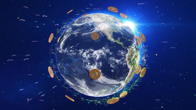 Digital Earth Covered By Bitcoin Crypto Currency With Shiny Visual Effects - 4K 3D Animation