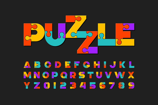 Puzzle Font, Colorful Jigsaw Puzzle Alphabet Letters And Numbers