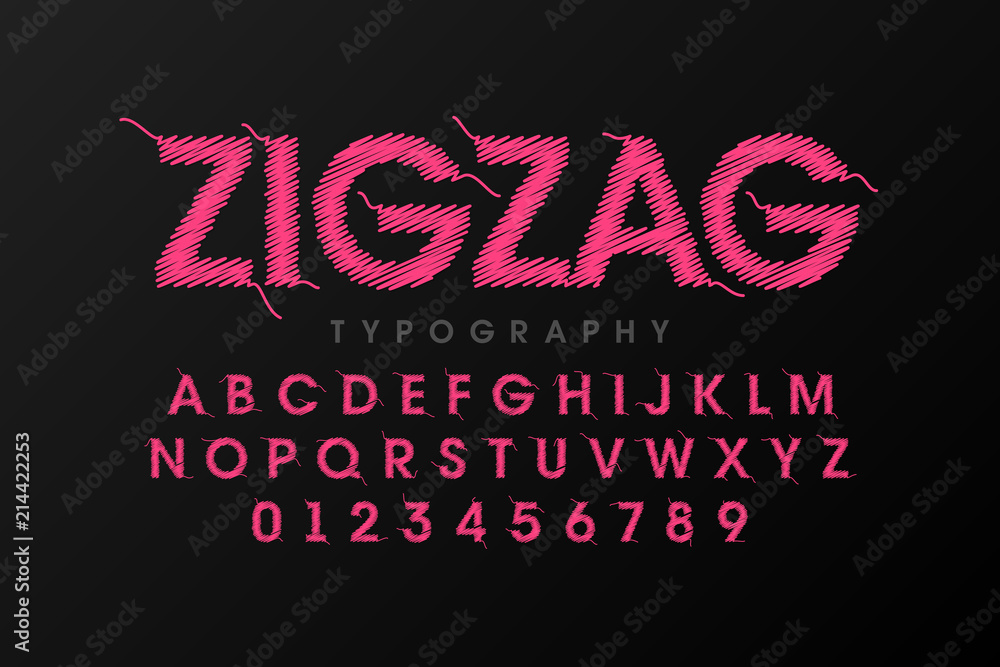 Poster zigzag font stitched with thread, embroidery font alphabet letters and numbers