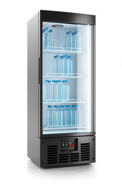 Upright refrigerated cabinet with glass door. Water bottles on shelves. 3d