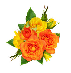Orange and yellow rose flowers and leaves in a floral arrangement