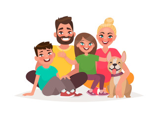 Happy family sitting on a white background. Father, mother son, daughter and dog