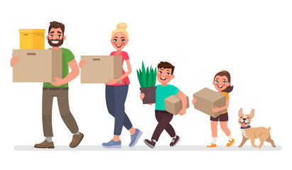 Moving to a new house. Father, mother, son and daughter are carrying things