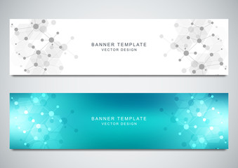 Vector banners design for medicine, science and digital technology. Molecular structure background and communication with connected lines and dots.