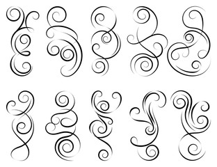 Calligraphic black and elegant swirls collection. Set of curls and scrolls for wall decoration, page decoration, greeting cards and tattoos. Vector calligraphic design elements illustration. 