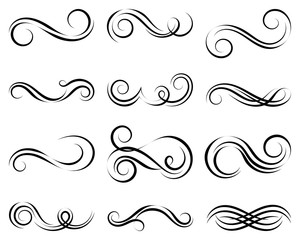 Black and elegant swirls collection. Set of curls and scrolls for wall decoration, books and tattoos. Vector illustration.