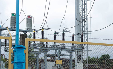 Power transformer in high voltage switchyard in modern electric substation, power