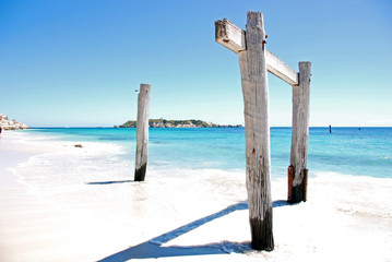 Timber posts in the sand on Hamelin Bay Beach, Western Australia