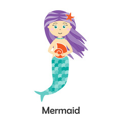 Mermaid in cartoon style, marine card  for kid, preschool activity for children, vector illustration