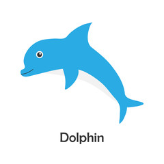 Obraz premium Dolphin in cartoon style, marine card with ocean animal for kid, preschool activity for children, vector illustration