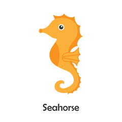Seahorse in cartoon style, marine card with ocean animal for kid, preschool activity for children, vector illustration