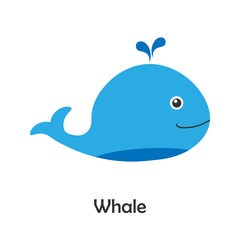 Whale in cartoon style, marine card with ocean animal for kid, preschool activity for children, vector illustration