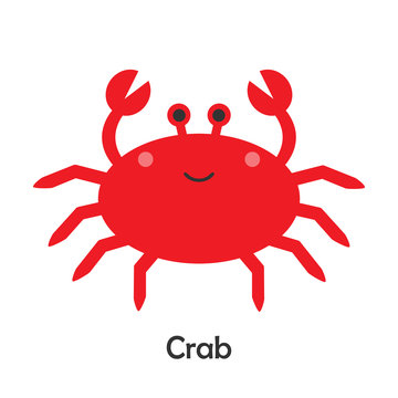 Crab in cartoon style, marine card with ocean animal for kid, preschool activity for children, vector illustration