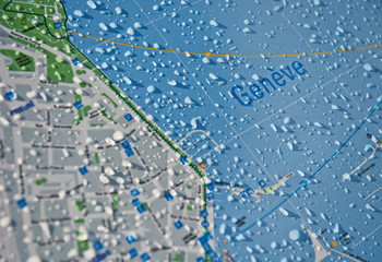 Stadtplan von Genf, Geneve, Schweiz, mit Regentropfen