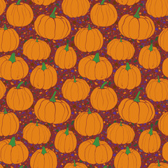 Pumpkins pattern with terrazzo background - purple version. Autumn seamless vector pattern with hand drawn pumpkins.