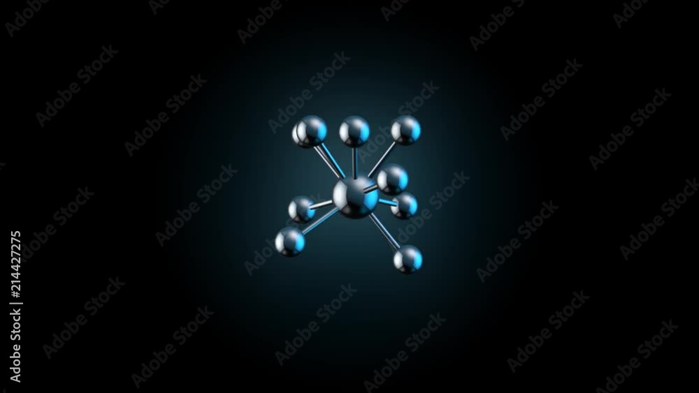 Poster realistic rotating model of molecule. beautiful molecule structure in microscope growing on black ba