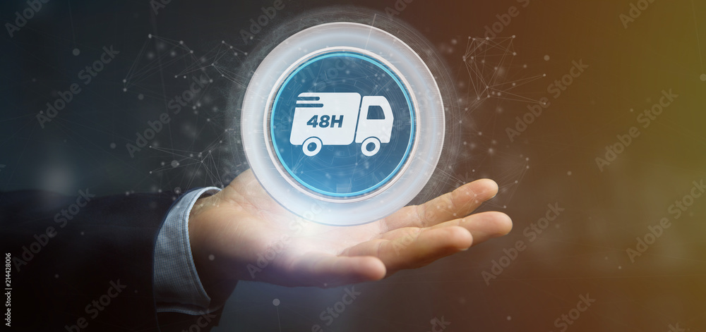 Poster businessman holding a fast delivery button with connection 3d rendering