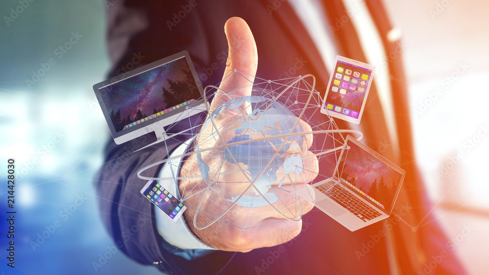 Poster businessman holding a computer and devices displayed on a futuristic interface with international ne