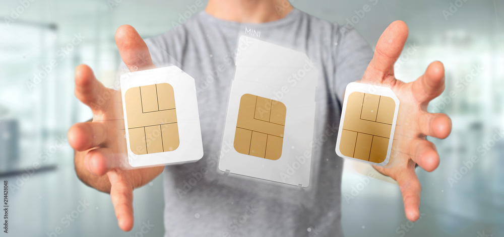 Poster businessman holding different size of a smartphone sim card 3d rendering