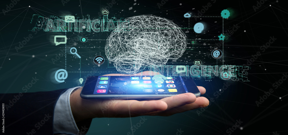 Poster businessman holding a 3d rendering artificial intelligence concept with a brain and app