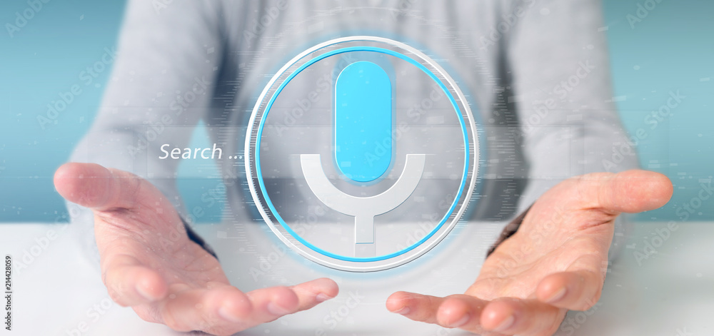 Poster businessman holding a vocal search system with button and icon3d rendering