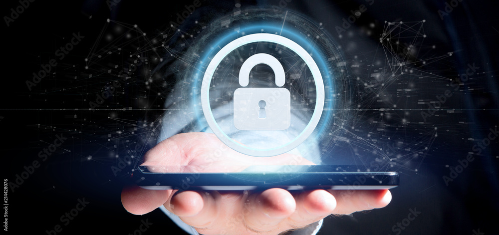 Poster man holding a padlock web security concept 3d rendering