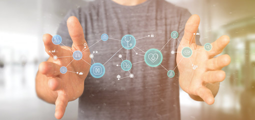 Businessman holding Medical icon and connection 3d rendering