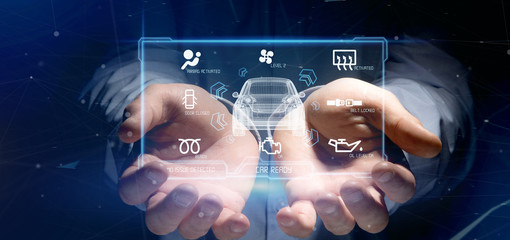 Man holding a Dashboard smartcar interface dashboard 3d rendering