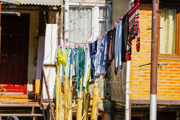 Old Tbilisi architecture, window and exterior decor in summer day.