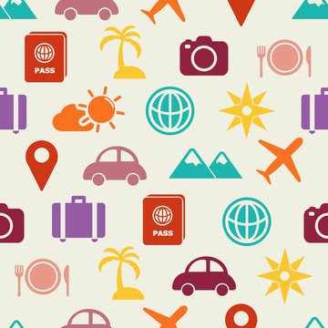 travel flat icons seamless pattern