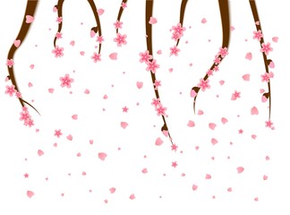 Sprigs of cherry tree flowers sakura fall spatter the spring annual season of japan isolated on white background. Asian decoration for Mid-Autumn Festival, Chuseok, other holidays. Vector Illustration