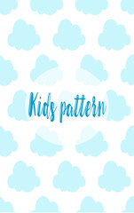 child seamless vector pattern with blue cartoon flat clouds on white background.