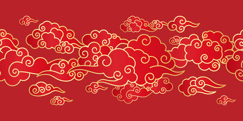 Seamless border with Golden Chinese clouds different shapes on a red background. Template for oriental art decoration.  - 214430803