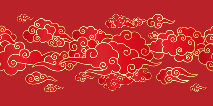 Seamless border with Golden Chinese clouds different shapes on a red background. Template for oriental art decoration. 