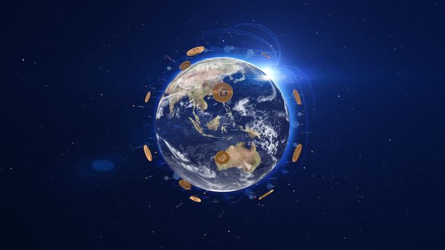 Bitcoin Digital Crypto Currency Rotating Around Earth - 4K 3D Animation