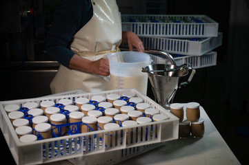Production of yogurt in a farm, homemade cow's milk yoghurt