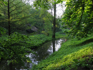 A tiny river between the green slopes covered with grass