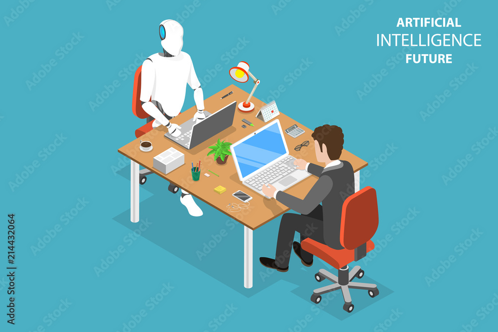 Poster flat isometric vector concept of ai future, robot and human cooperation, artificial intelligence, bu
