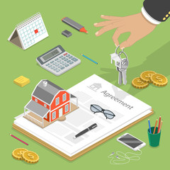 Flat isometric vector concept of buying house, real estate deal, mortgage.