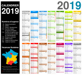 Calendrier 2019 sur 14 mois  MODIFIABLE avec non vectorisés / Calendrier scolaire complet, numéros d'urgence, lune, semaine