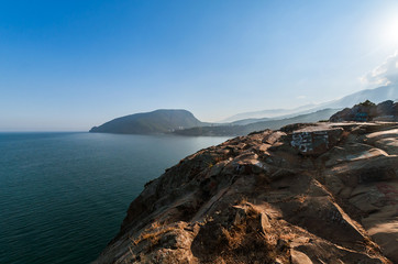 Fototapeta na wymiar Rocky landscape against the blue sky in the Crimea