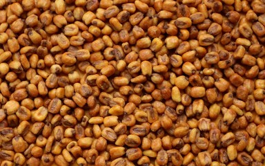 Toasted corn nuts with salt. Food background, top view .