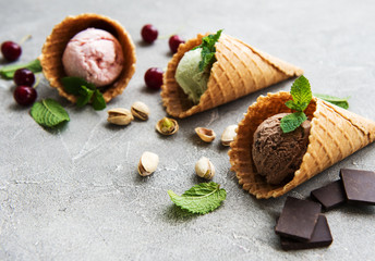 set of ice cream scoops of different colors and flavours