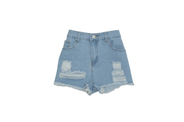 Ragged denim shorts and a brown handbag. Fashionable concept.