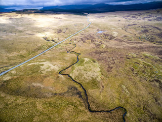 Aerial view of the B4391 through the moor and mountains of Wales, United Kingdom