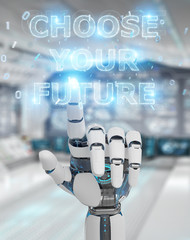 White cyborg hand using future decision text interface 3D rendering