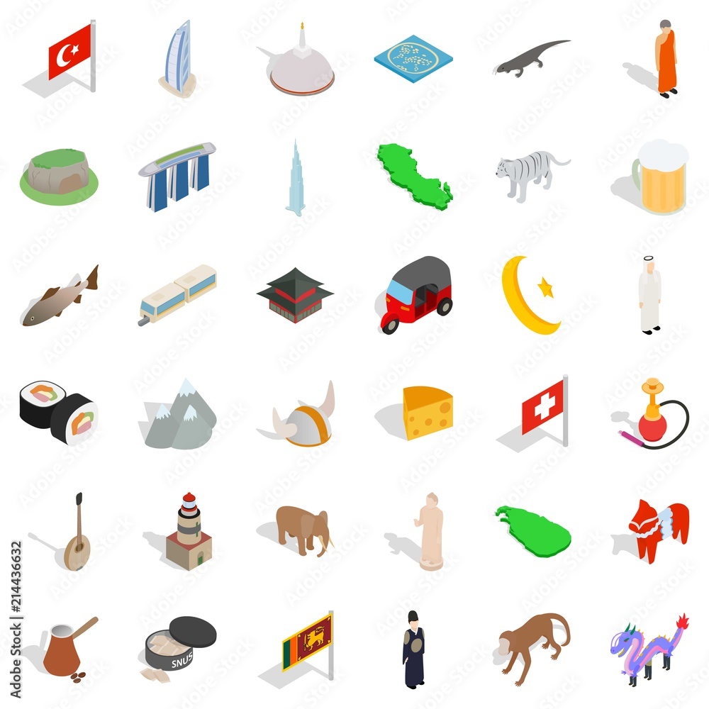 Aufkleber world architecture icons set. isometric style of 36 world architecture vector icons for web isolated