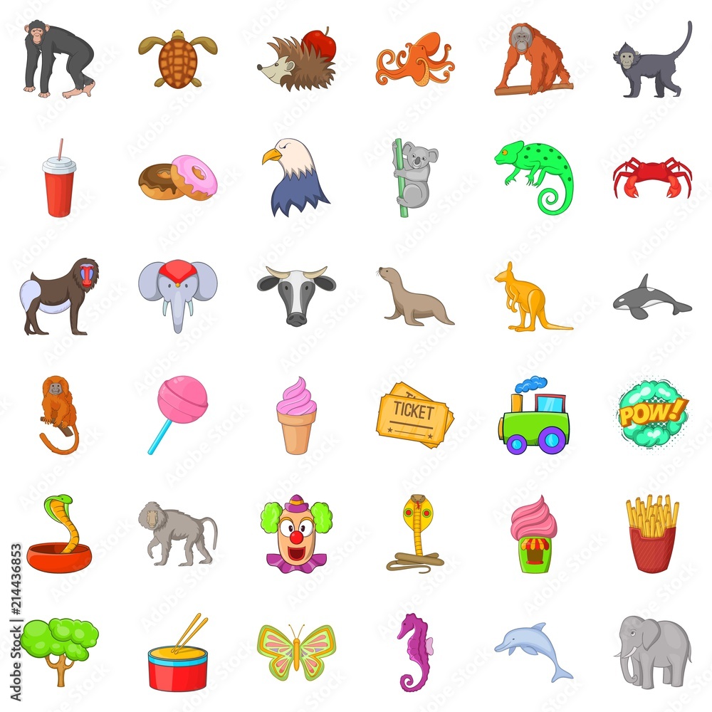 Poster good zoo icons set. cartoon style of 36 good zoo vector icons for web isolated on white background