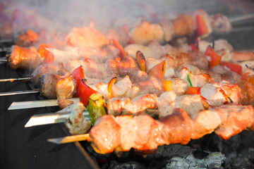 Meat on sticks grilled outdoors