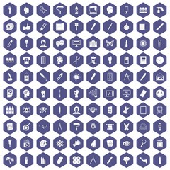 100 paint icons set in purple hexagon isolated vector illustration
